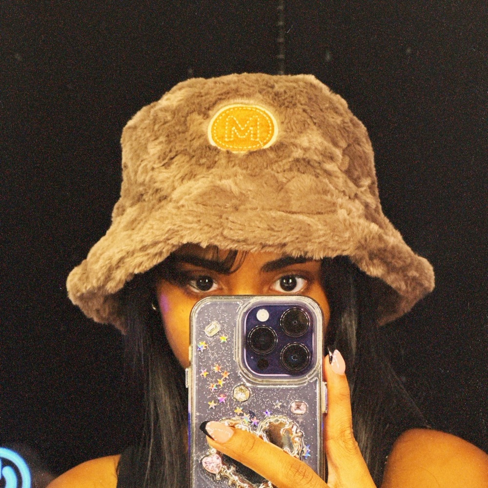 Brown Fuzzy Bucket Hat with Embroidered Logo that’s Adjustable